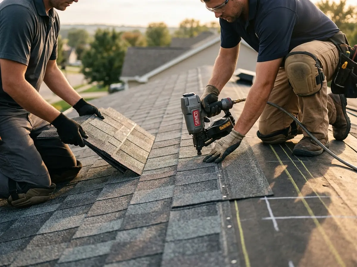 Professional roofer working on a residential roof in Terrell